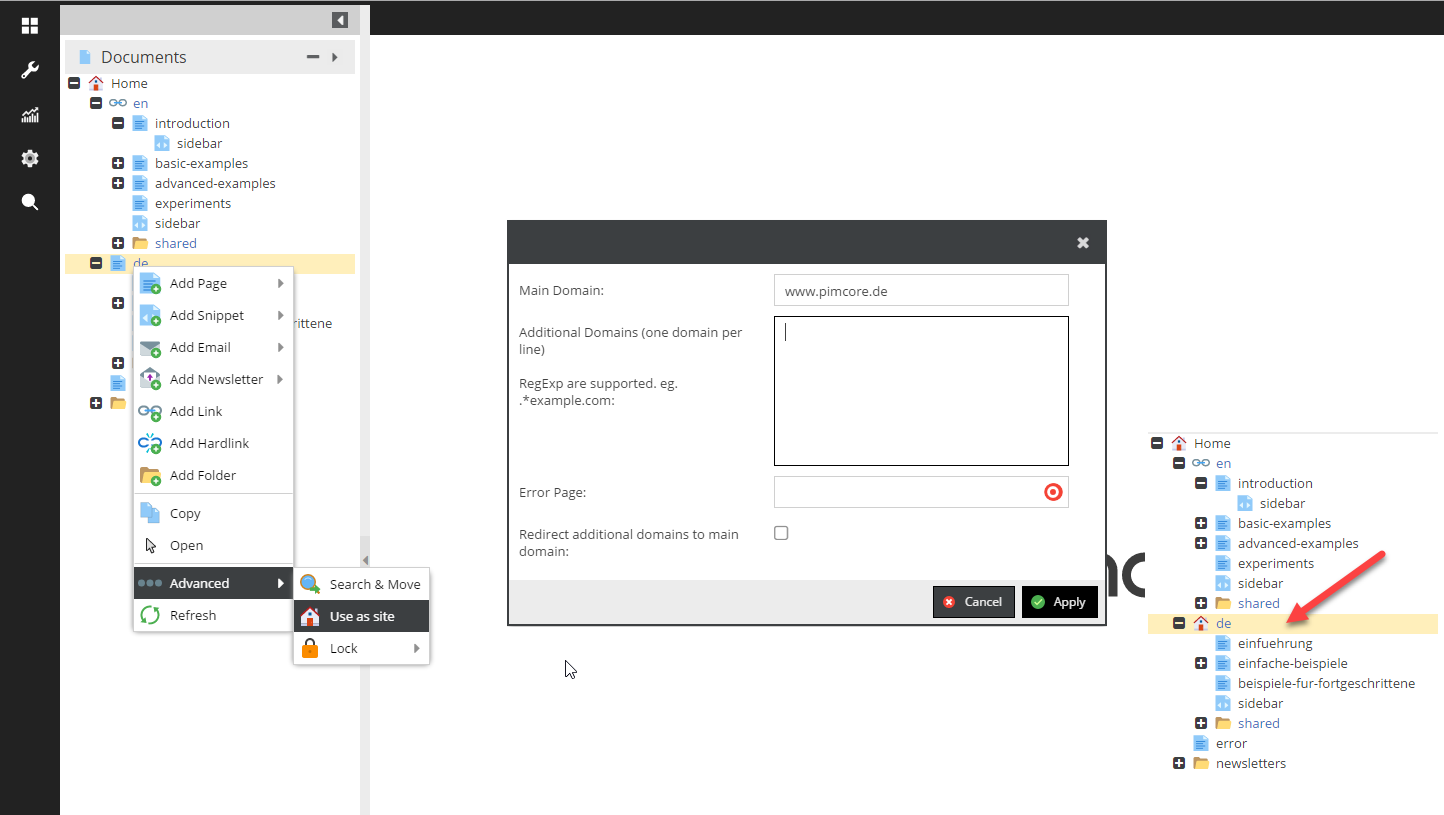Working with Sites - Pimcore