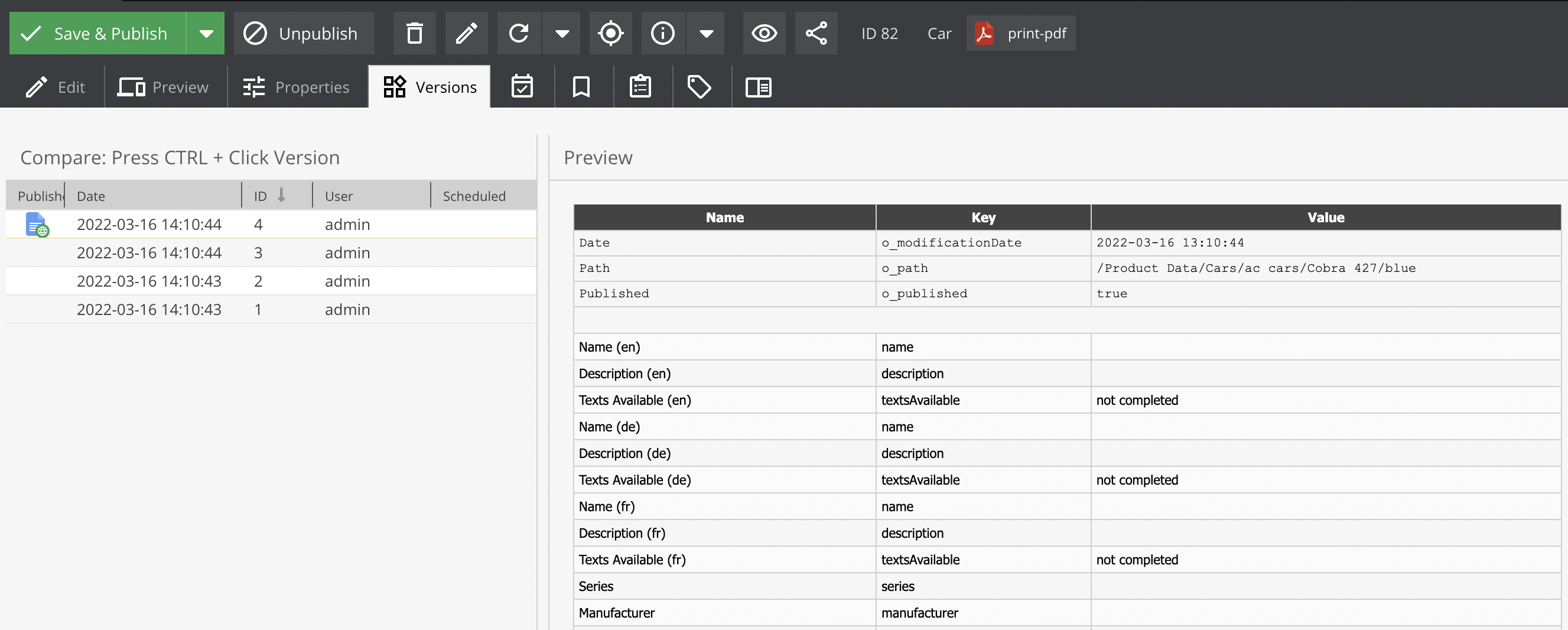 Object versions changeslist