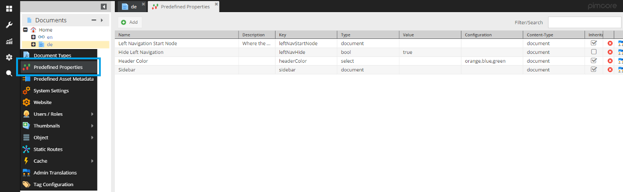 Predefined properties configuration