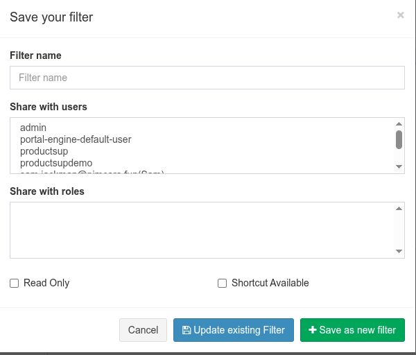 Save filter dialog