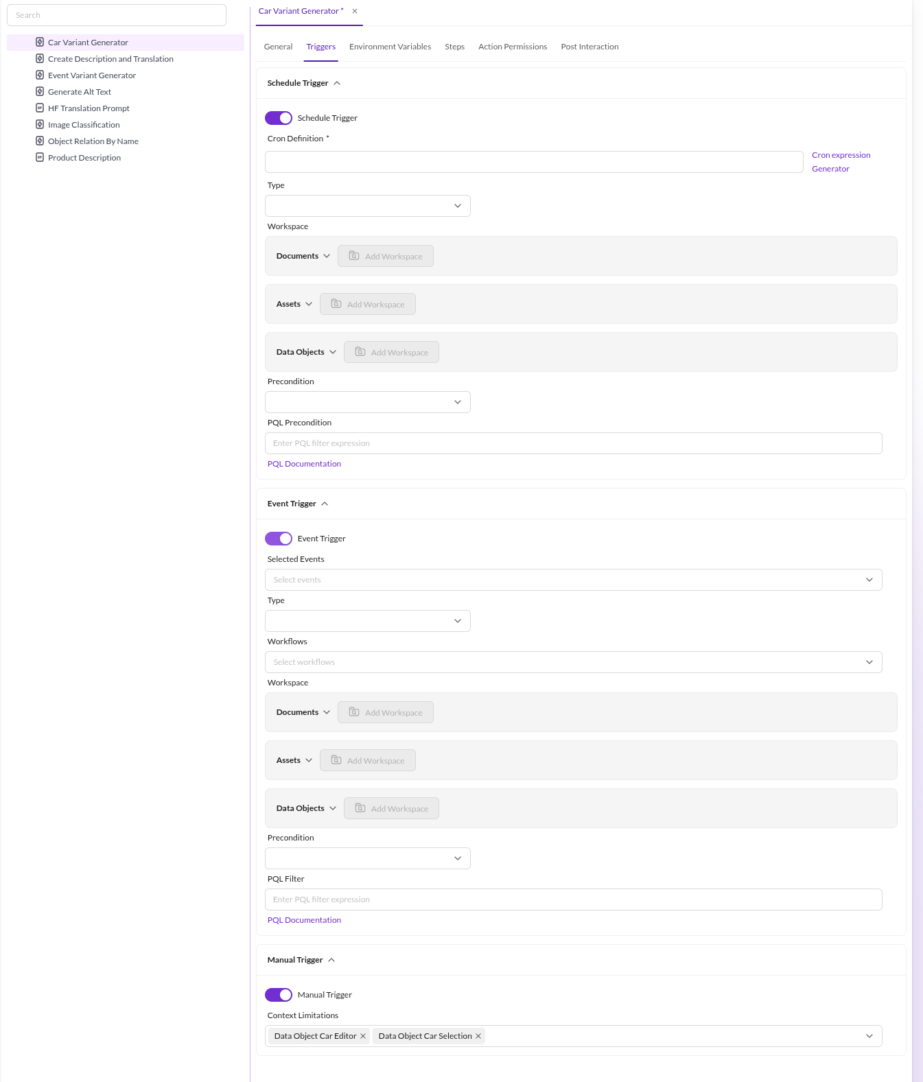 Triggers Tab