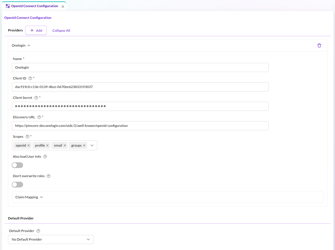 OpenID Connect Configuration screen in Pimcore Studio, showing a provider named Onelogin with its client ID, masked client secret, discovery URL, scopes, the two toggles, a collapsed Claim Mapping section, and the Default Provider select below