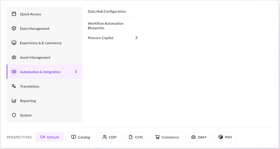 Datahub Configuration in the main navigation