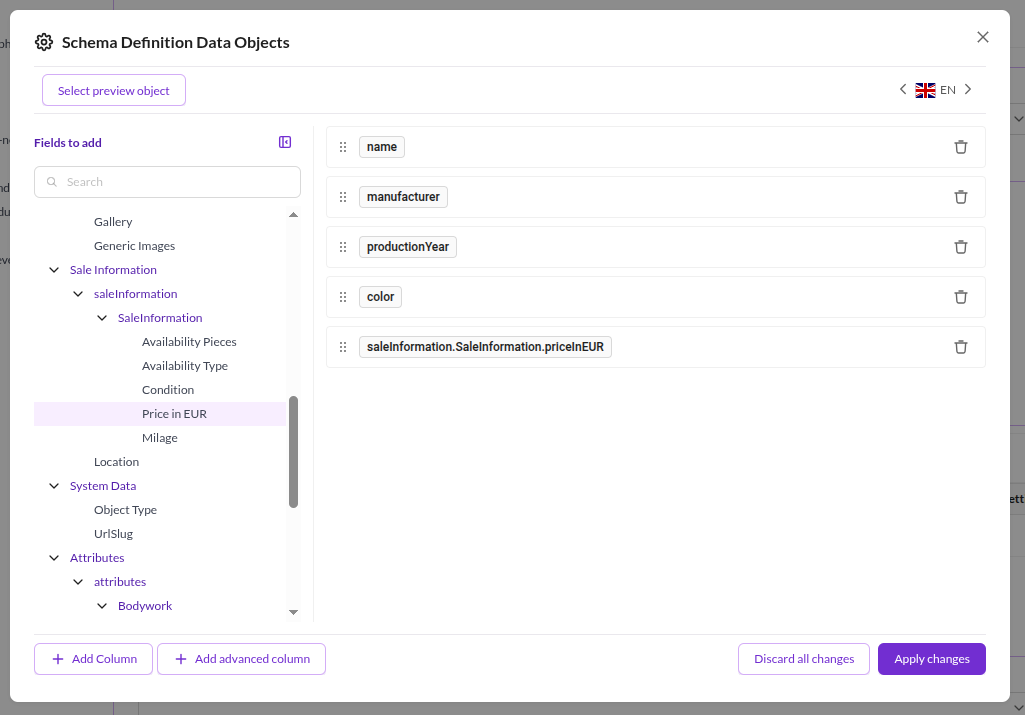 Data object settings