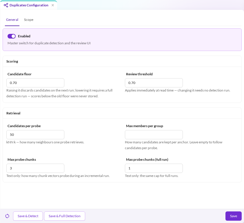 The General tab of the duplicates configuration