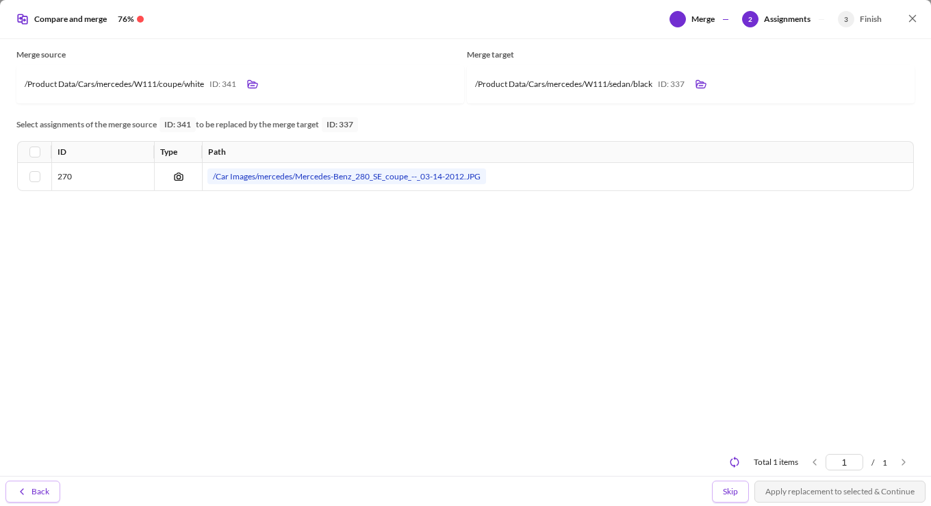 The assignments step listing an asset that points at the merge source