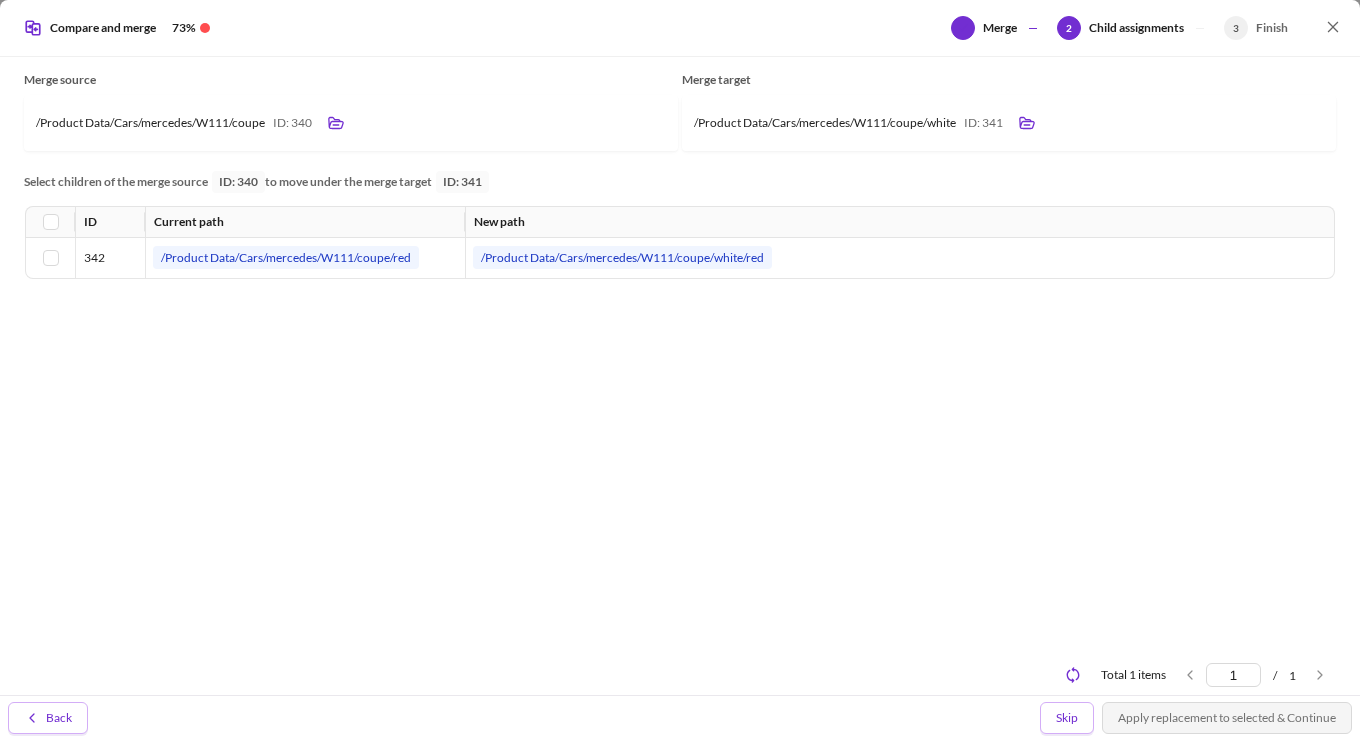 The child assignments step moving a variant under the merge target