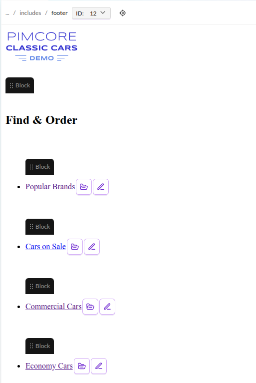 The links list in the backend