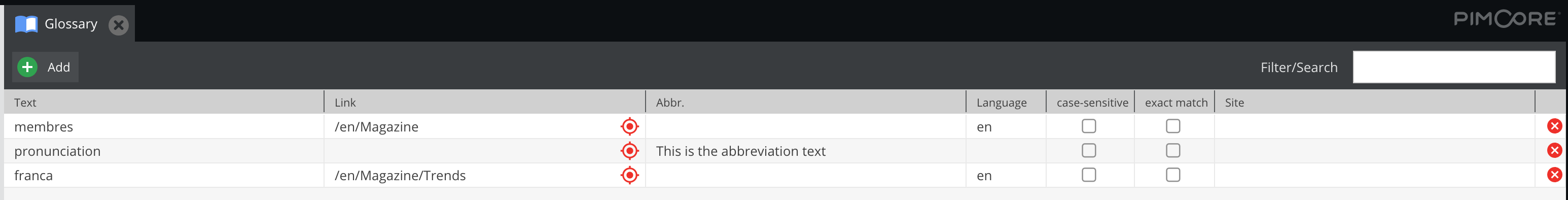 Glossary grid