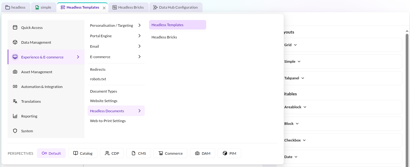 Opening Headless Templates from the Pimcore Studio main menu, under Experience &amp; E-commerce > Headless Documents