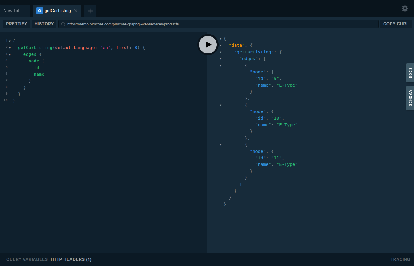 GraphQL Playground with a query on the left and the response on the right