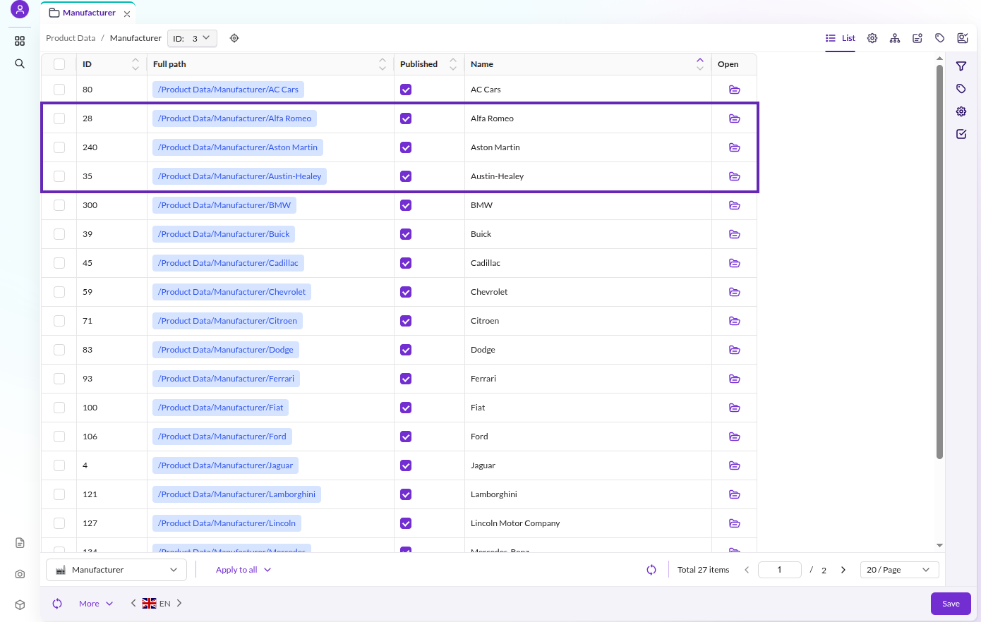 Manufacturer grid sorted by name, with the three rows the query returns marked