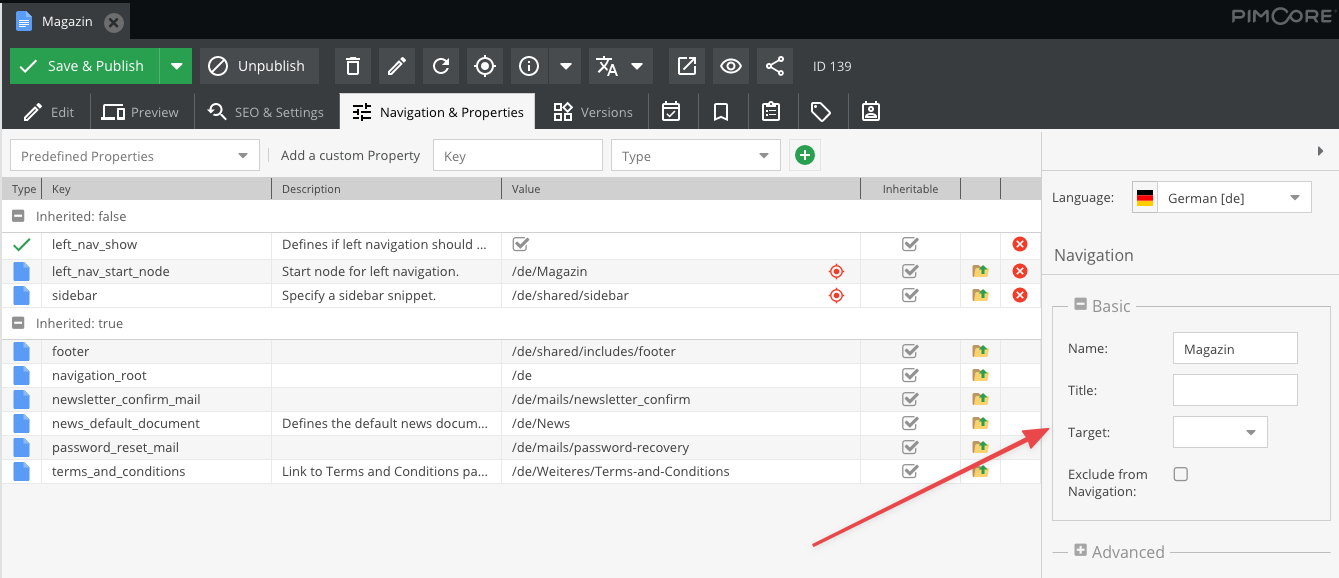 Settings for navigation on document edit page.