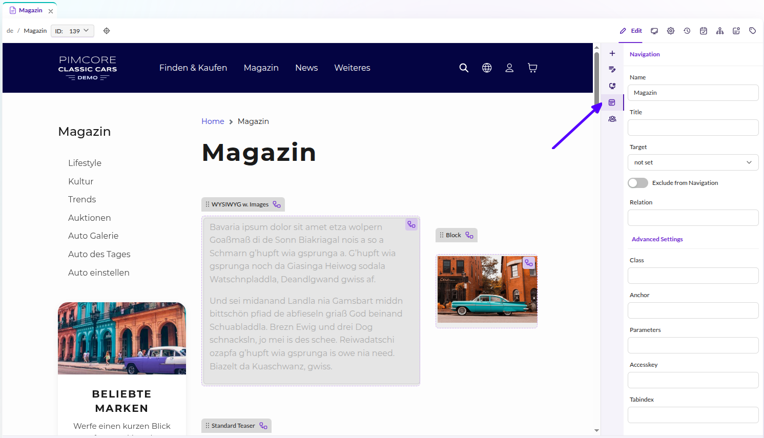 Settings for navigation on document edit page.