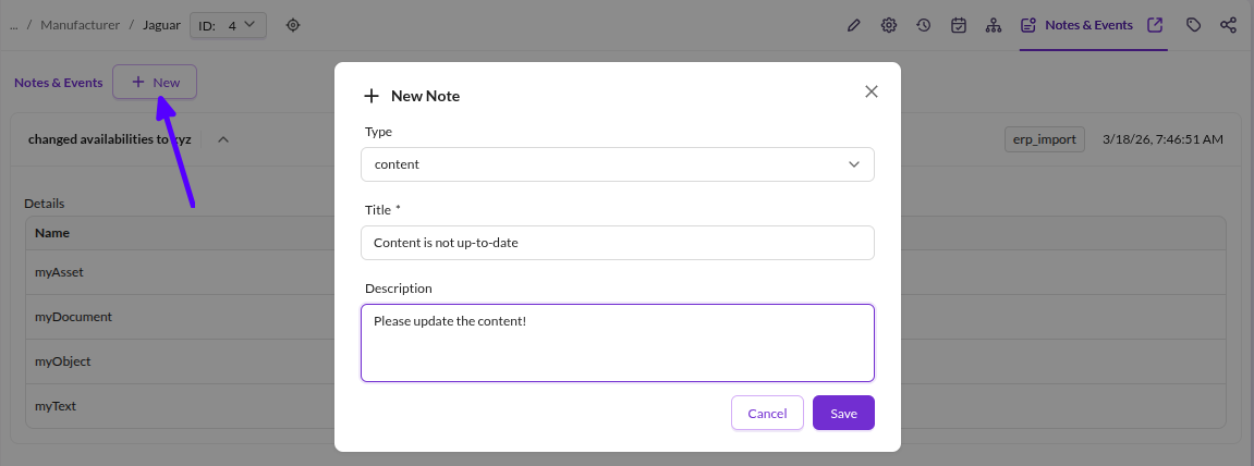 Notes &amp; events - add a note manually