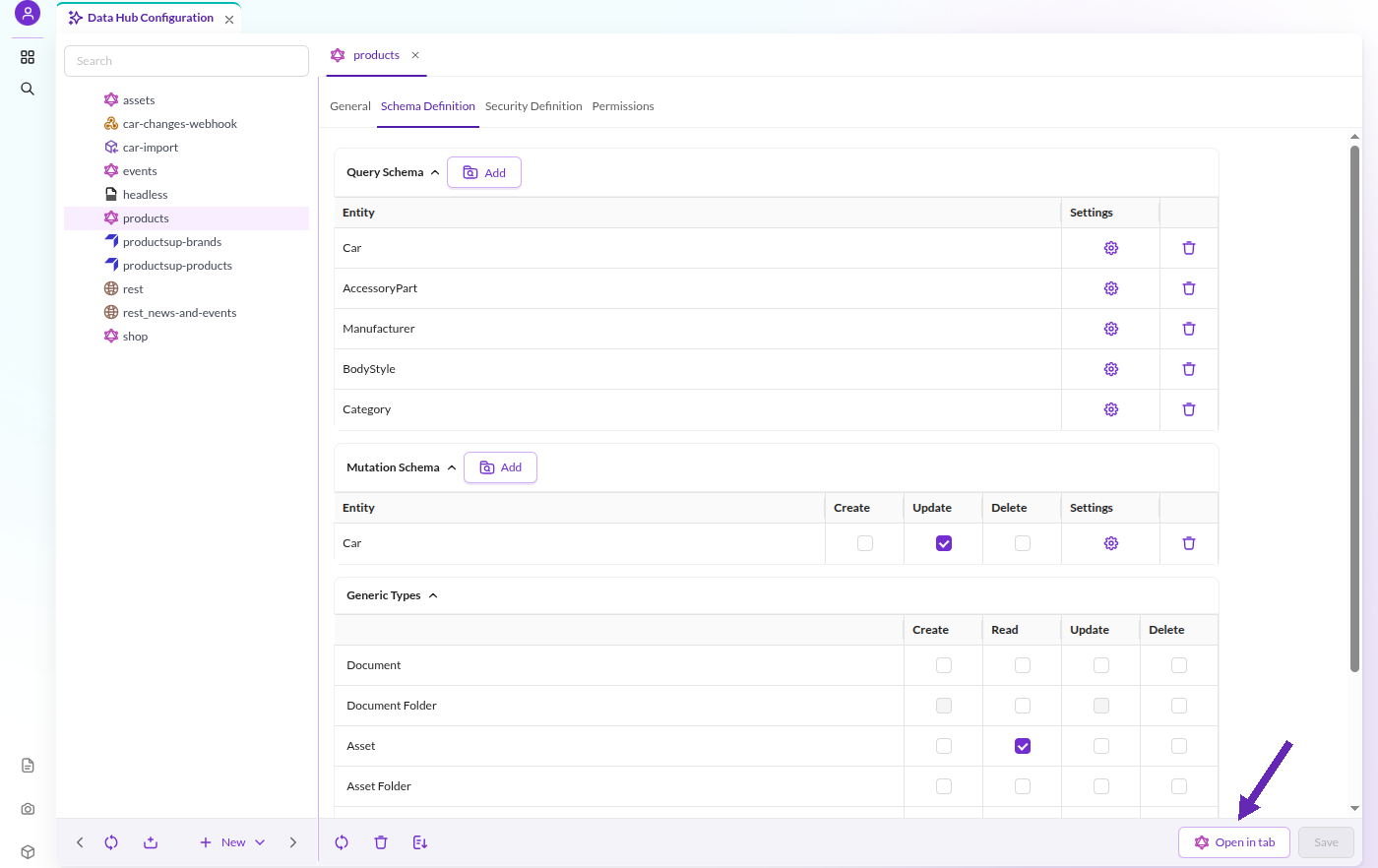Open in tab button in the configuration panel footer