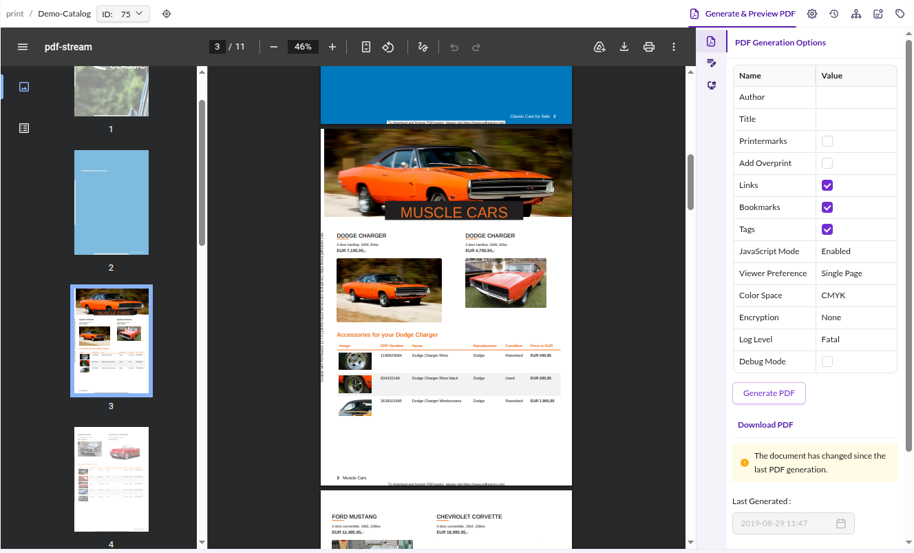 Generate &amp; Preview PDF tab showing the rendered PDF preview next to the generation options