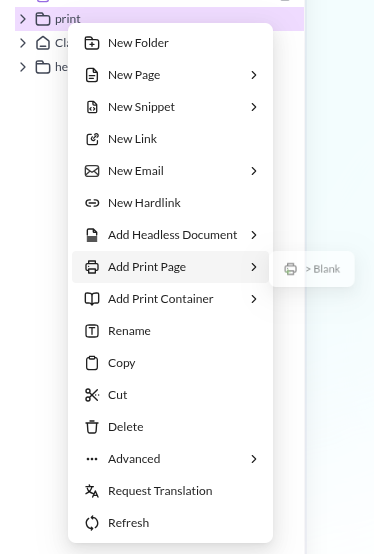 Adding a Print Page from the document tree context menu
