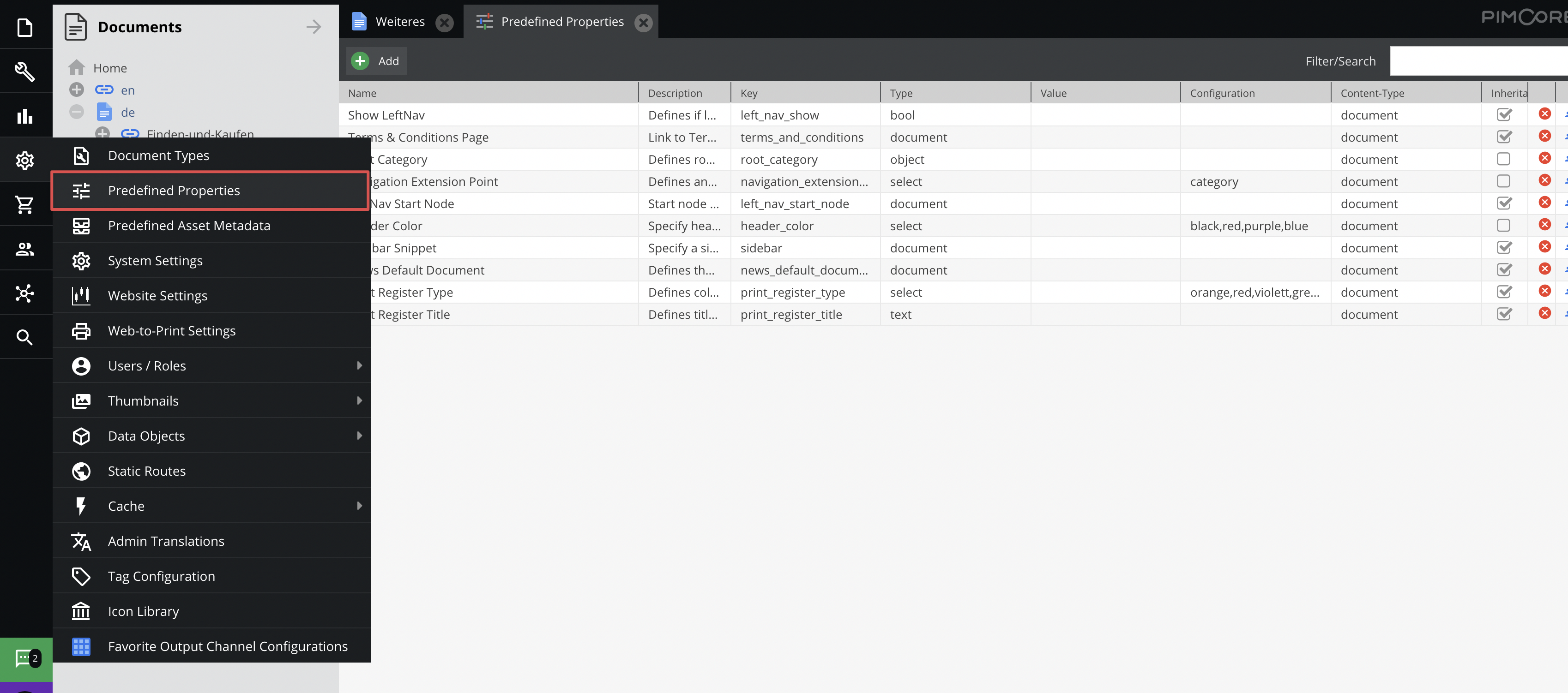 Predefined properties configuration