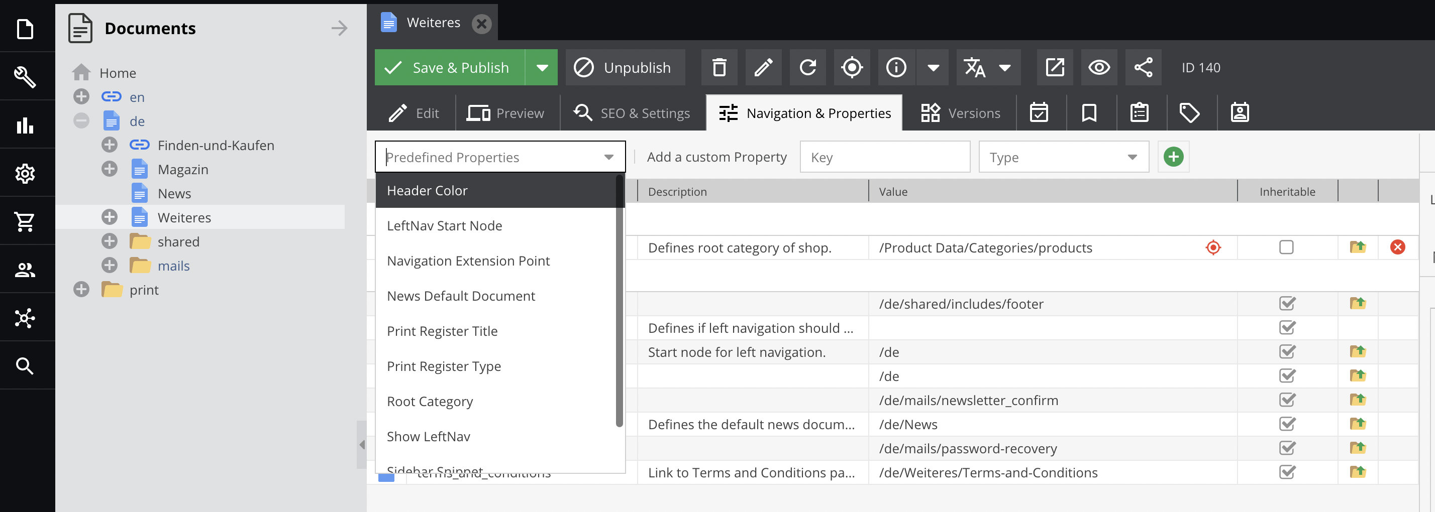 Predefined properties - selectbox