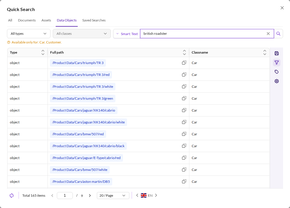 Searching data objects for "british roadster"