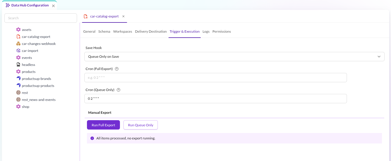 Trigger &amp; Execution tab with the Manual Export section