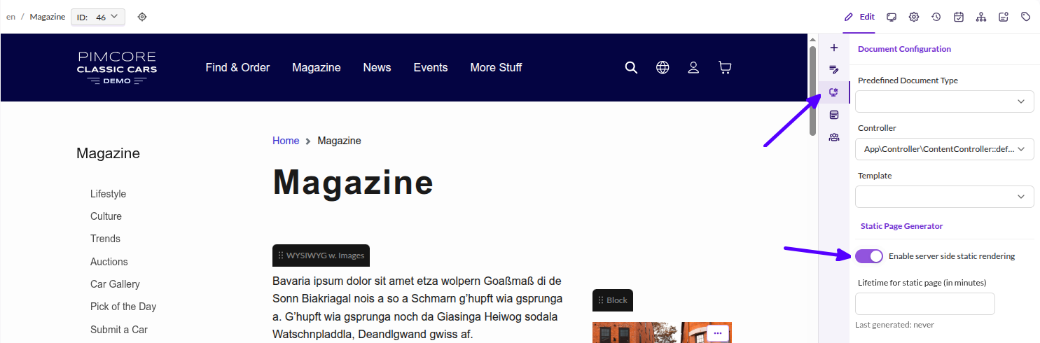 Static Page Settings