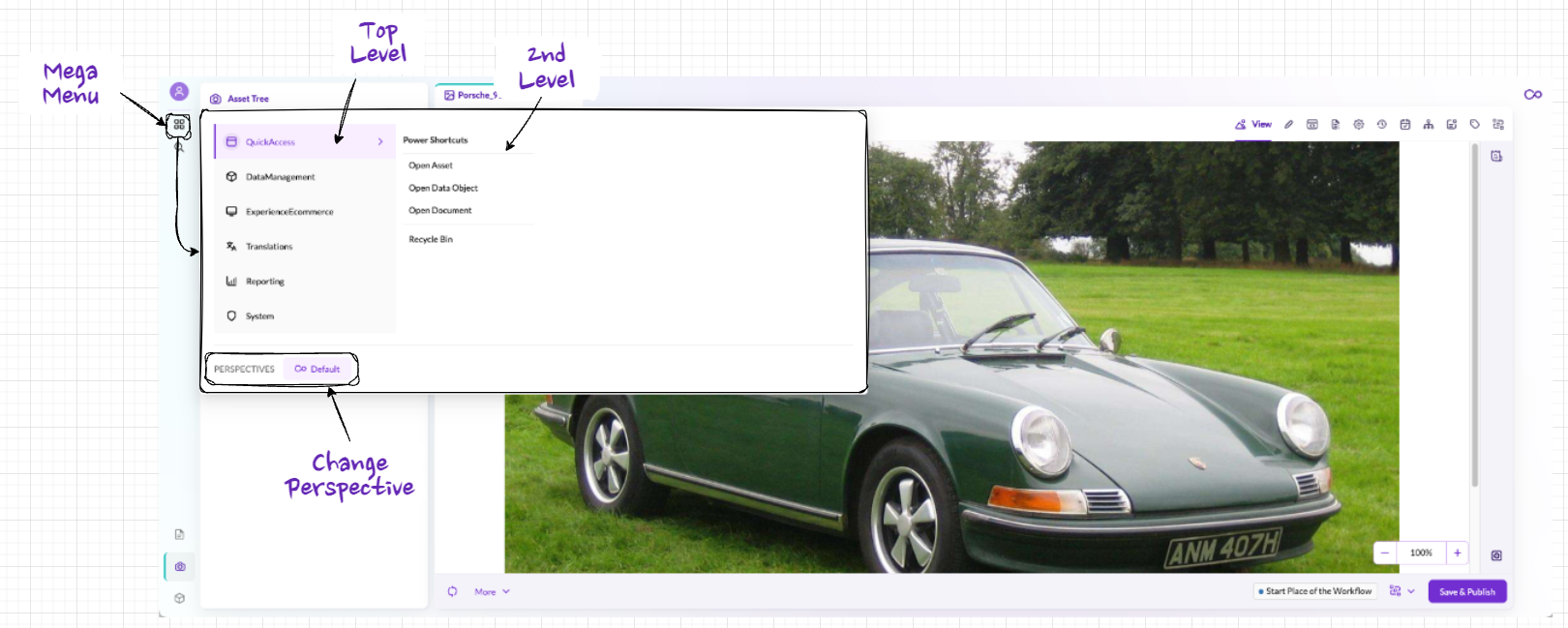 Mega Menu with multi-level navigation and perspective switcher