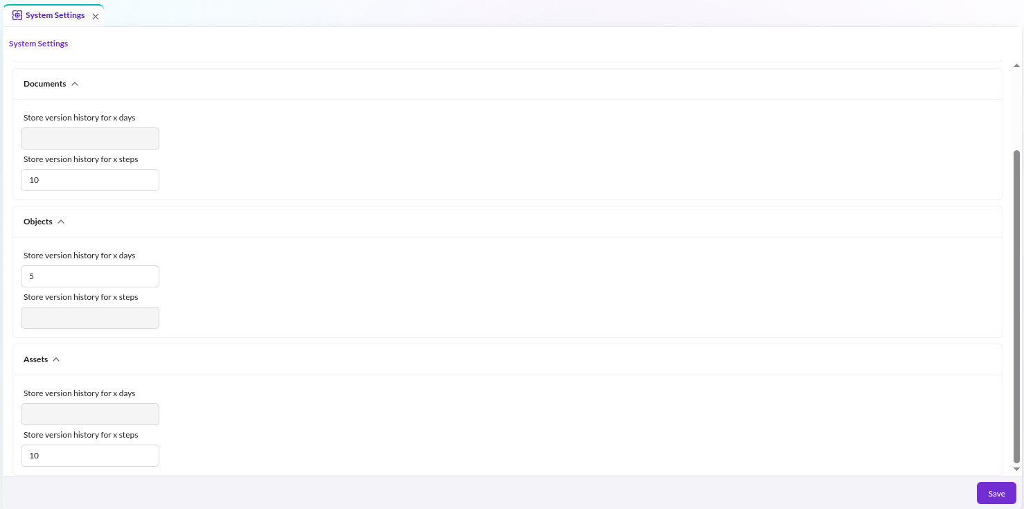 Objects version history settings
